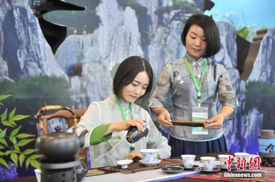 5月18日，两名茶艺师正在展示“功夫泡茶”。当天，首届中国国际茶叶博览会在浙江杭州国际博览中心拉开帷幕。此次展会吸引了48个国家和地区的参展商、20个茶叶主产省份的茶企代表以及1700余家国内外专业客商报名参展。/p中新社记者 张茵 摄